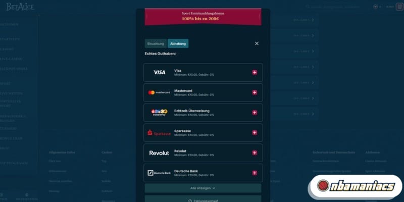 BetAlice Online Wettanbieter Auszahlungsmethode
