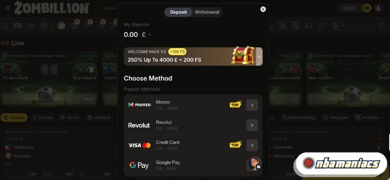 First deposit at top bookmaker Zombillion