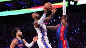 LeBron James attempts to score against the Detroit Pistons.