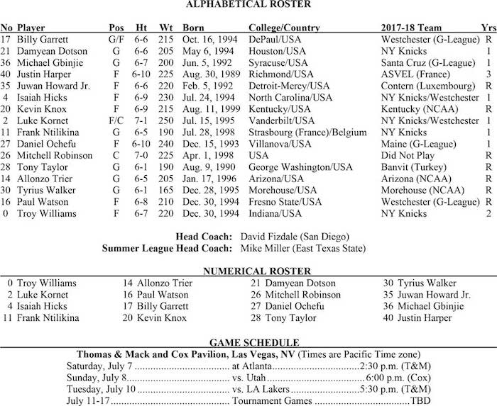 Los Knicks anuncian su equipo para la Summer League