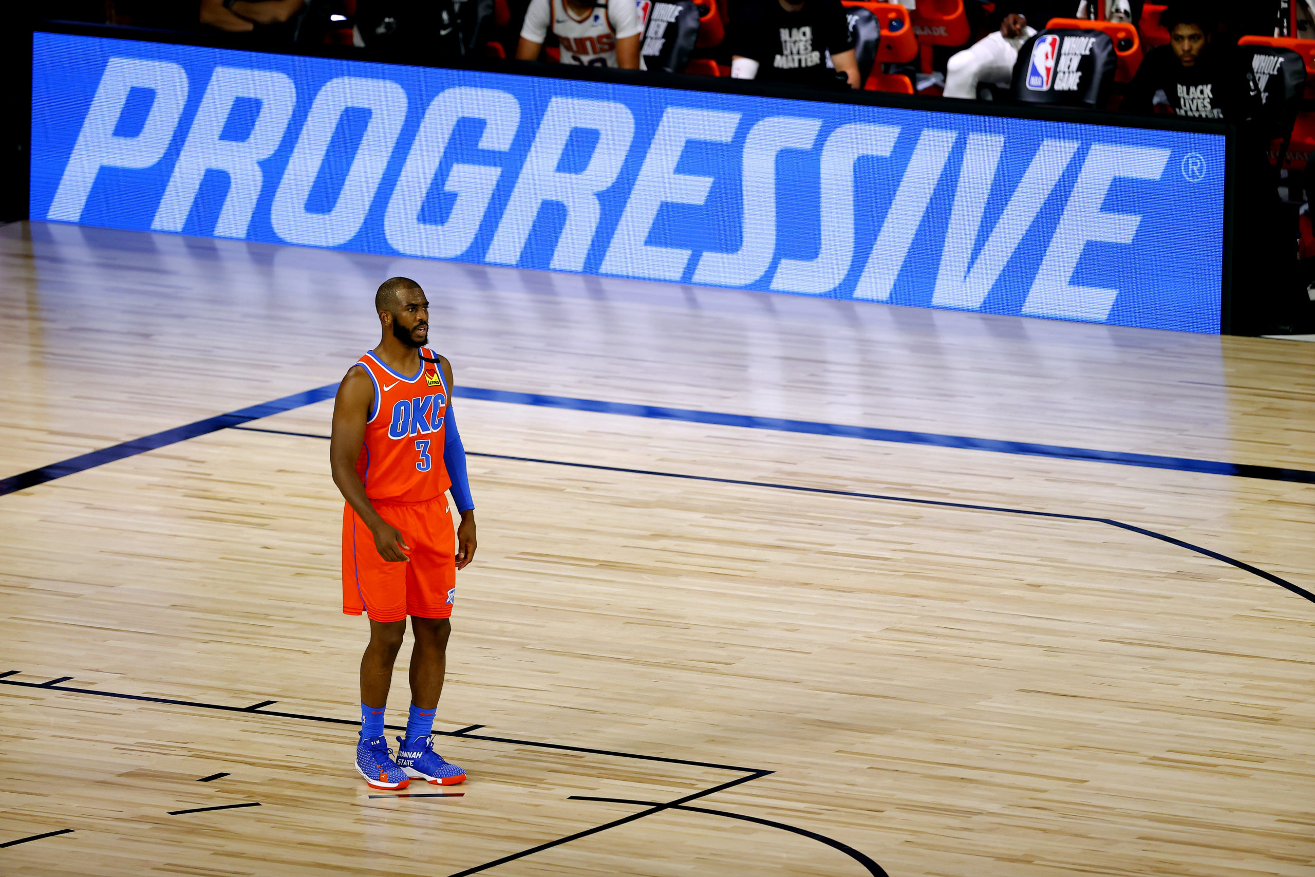 LAKE BUENA VISTA, FLORIDA - AUGUST 10: Chris Paul #3 of the Oklahoma City Thunder looks down court against the Phoenix Suns at The Field House at ESPN Wide World Of Sports Complex on August 10, 2020 in Lake Buena Vista, Florida. NOTE TO USER: User expressly acknowledges and agrees that, by downloading and or using this photograph, User is consenting to the terms and conditions of the Getty Images License Agreement. (Photo by Mike Ehrmann/Getty Images)