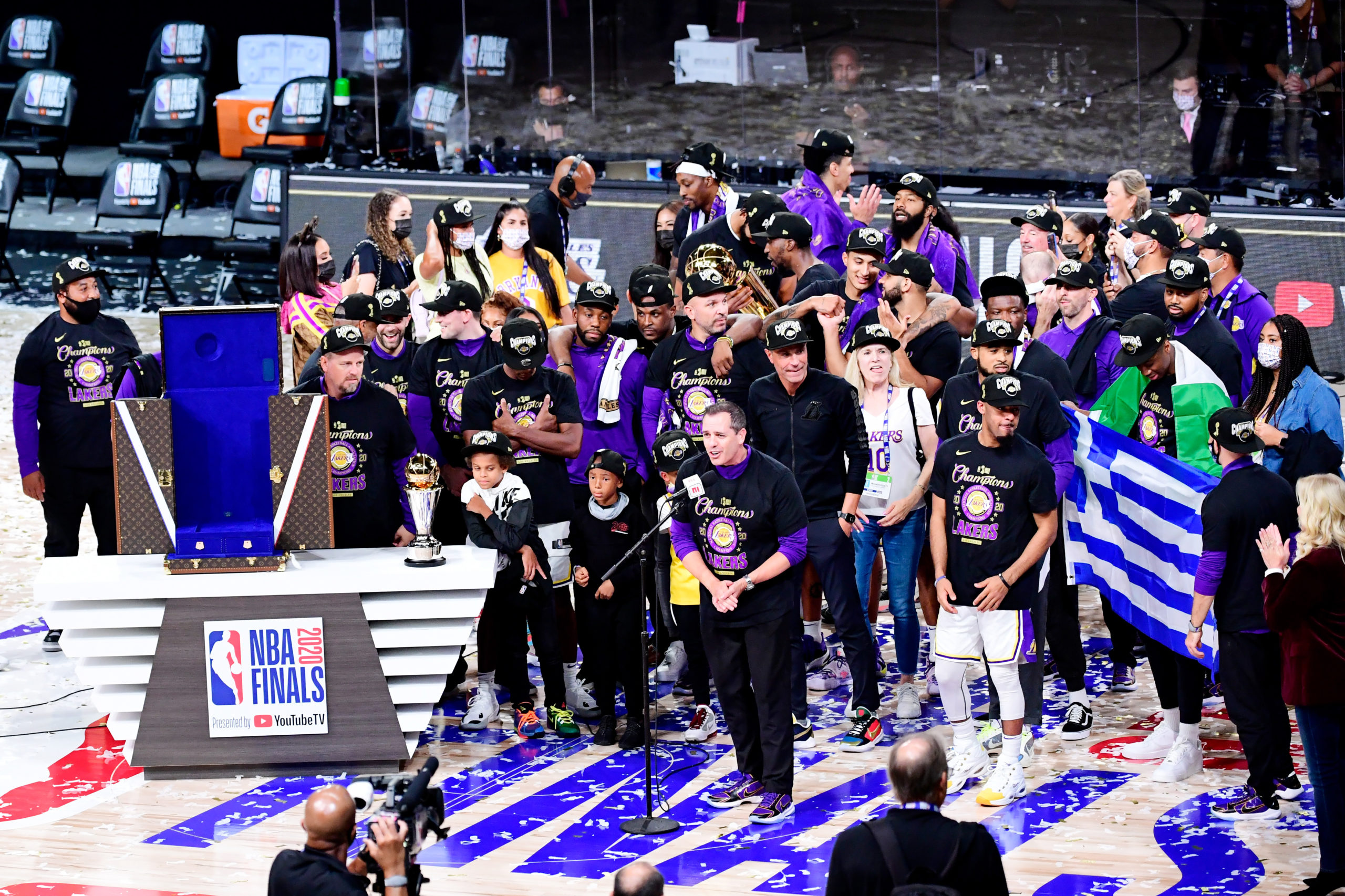 LAKE BUENA VISTA, FLORIDA - OCTOBER 11: Coach Frank Vogel of the Los Angeles Lakers speaks after the Los Angeles Lakers win the 2020 NBA Championship Final over the Miami Heat in Game Six of the 2020 NBA Finals at AdventHealth Arena at the ESPN Wide World Of Sports Complex on October 11, 2020 in Lake Buena Vista, Florida. NOTE TO USER: User expressly acknowledges and agrees that, by downloading and or using this photograph, User is consenting to the terms and conditions of the Getty Images License Agreement. (Photo by Douglas P. DeFelice/Getty Images)