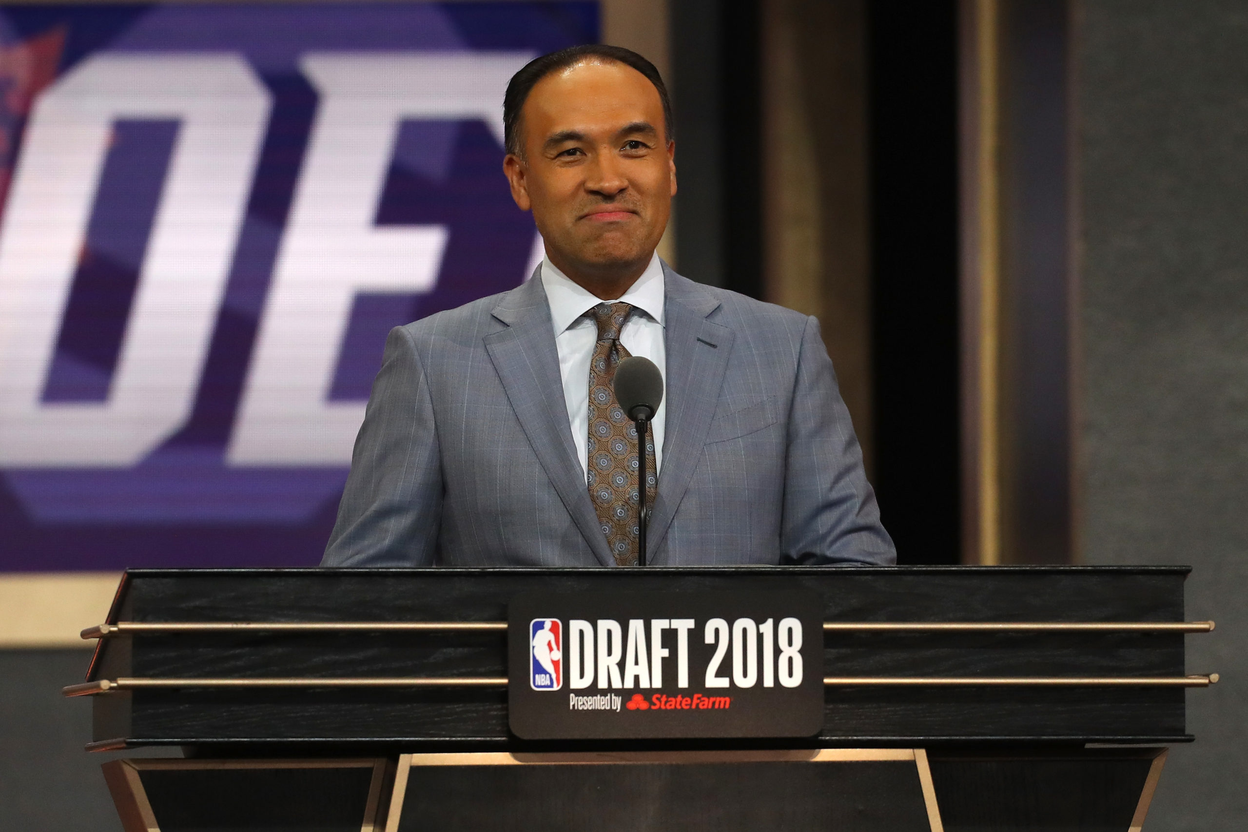 NEW YORK, NY - JUNE 21: NBA Deputy Commissioner Mark Tatum speaks at the start of the second round during the 2018 NBA Draft at the Barclays Center on June 21, 2018 in the Brooklyn borough of New York City. NOTE TO USER: User expressly acknowledges and agrees that, by downloading and or using this photograph, User is consenting to the terms and conditions of the Getty Images License Agreement. (Photo by Mike Stobe/Getty Images)