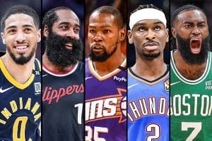 De izquierda a derecha: Tyrese Haliburton, James Harden, Kevin Durant, Shai Gilgeous-Alexander y Jaylen Brown.