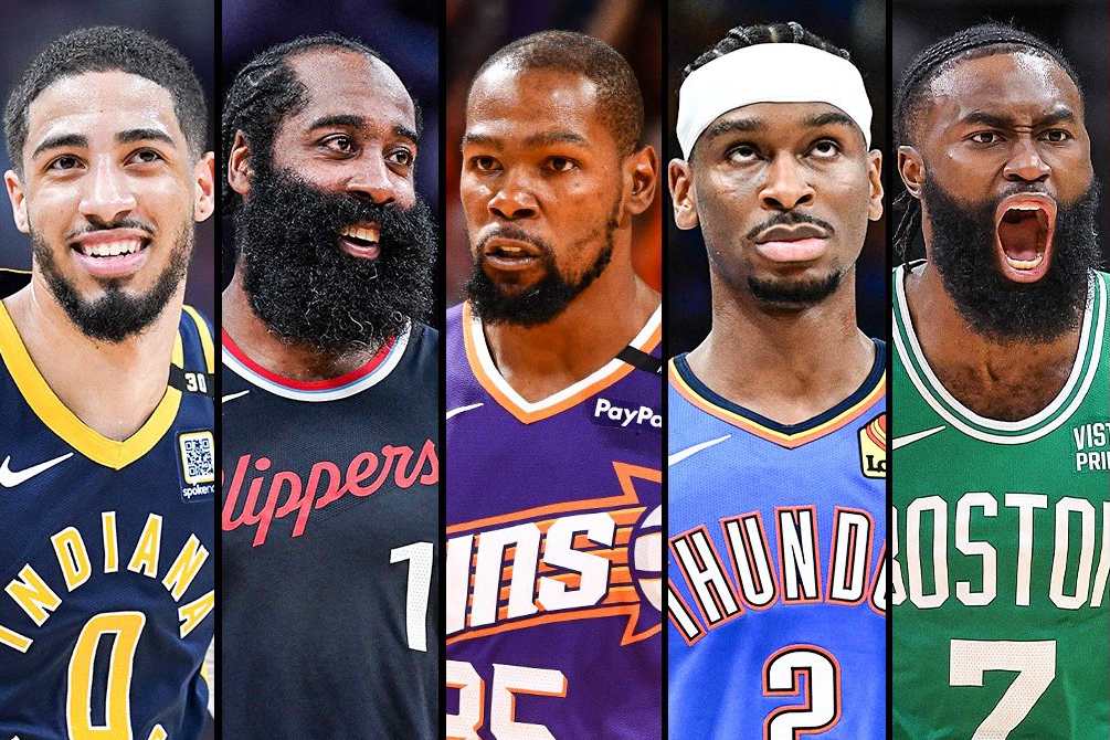 De izquierda a derecha: Tyrese Haliburton, James Harden, Kevin Durant, Shai Gilgeous-Alexander y Jaylen Brown.
