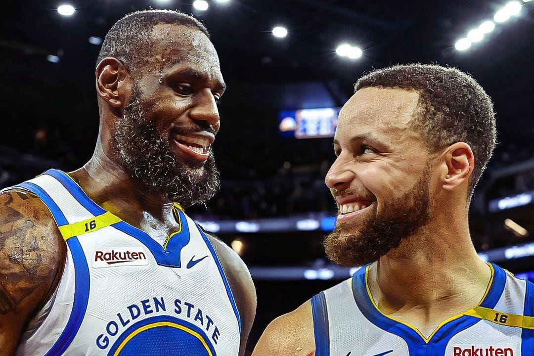 Montaje de LeBron James y Stephen Curry jugando en los Warriors