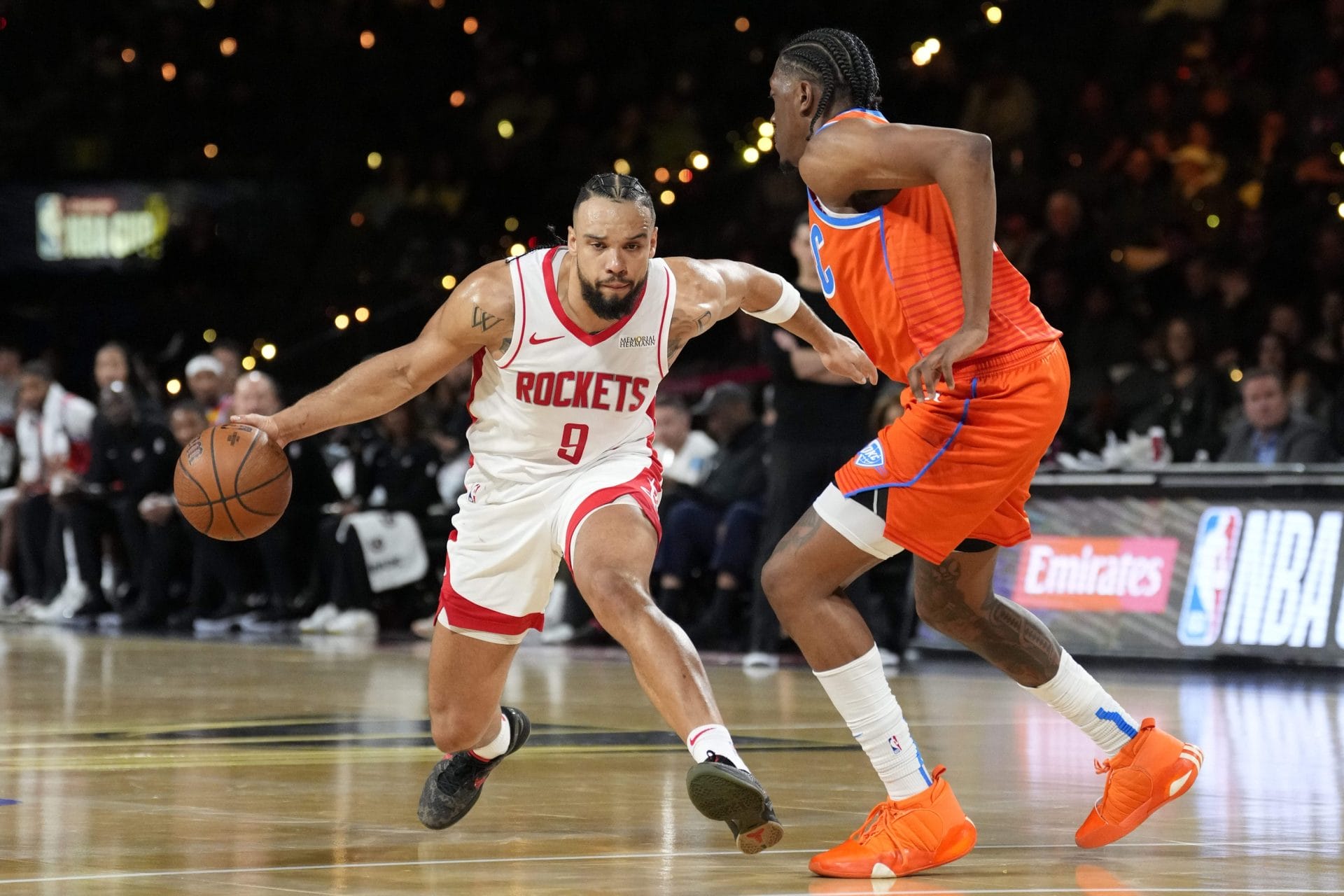 Dillon Brooks y Jalen Williams en un Rockets vs Thunder previo