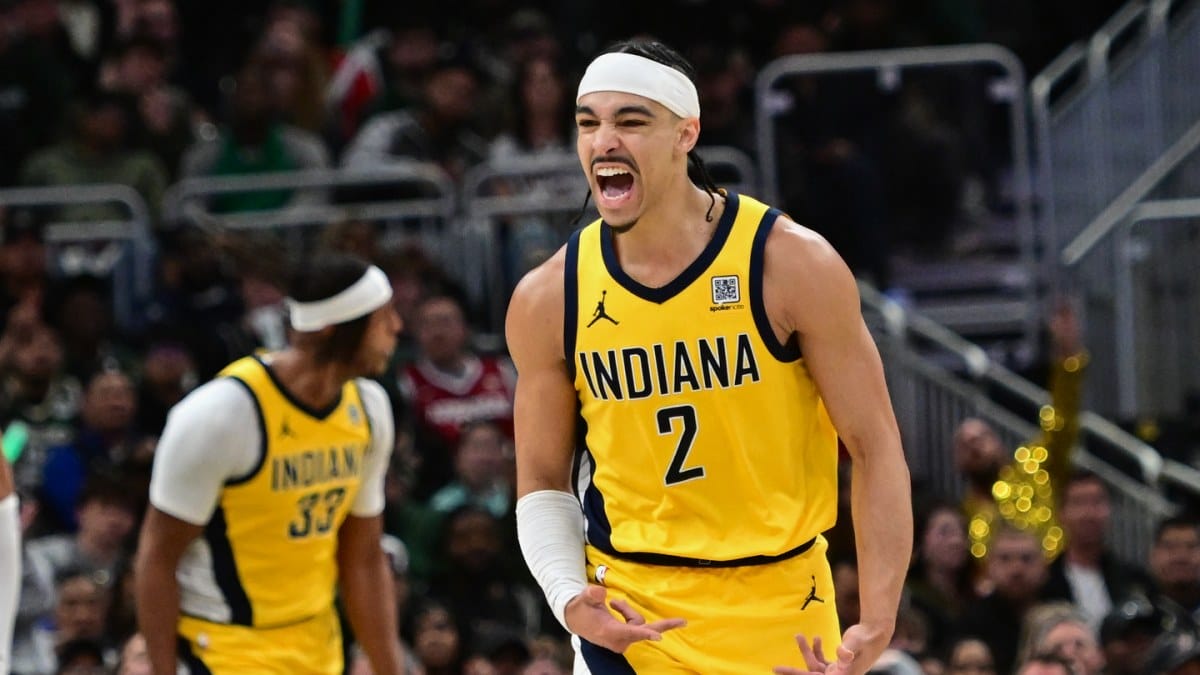 Andrew Nembhard, celebrando una canasta con los Pacers.