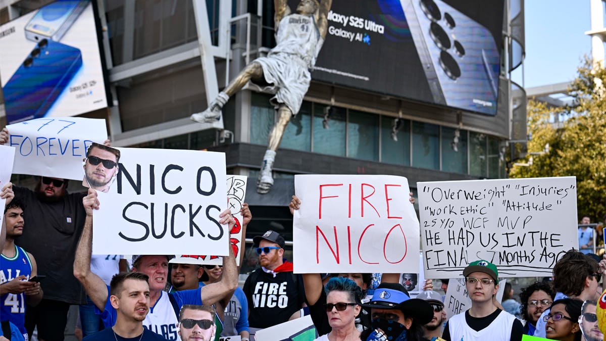 Protestas contra Nico Harrison tras el traspaso de Doncic