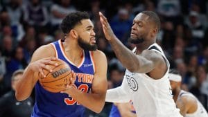 Randle y Towns se enfrentan dureante un Timberwolves vs Knicks.