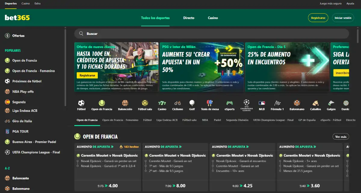 Interfaz de bet365, plataforma de apuestas deportivas