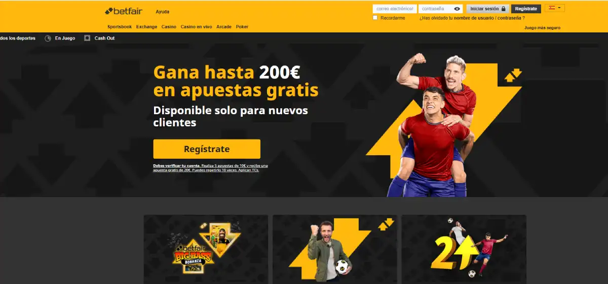 Interfaz de Betfair con modo Exchange y apuestas deportivas