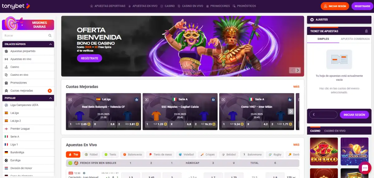Captura de pantalla de TonyBet, casa de apuestas en España