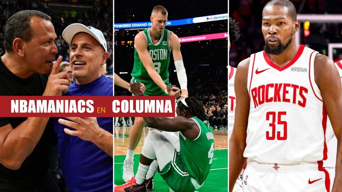 De izquierda a derecha: Alex Rodriguez y marc Lore, Kristaps Porzingis ayudando a Jrue Holiday y Kevin Durant con la camiseta de los Rockets.