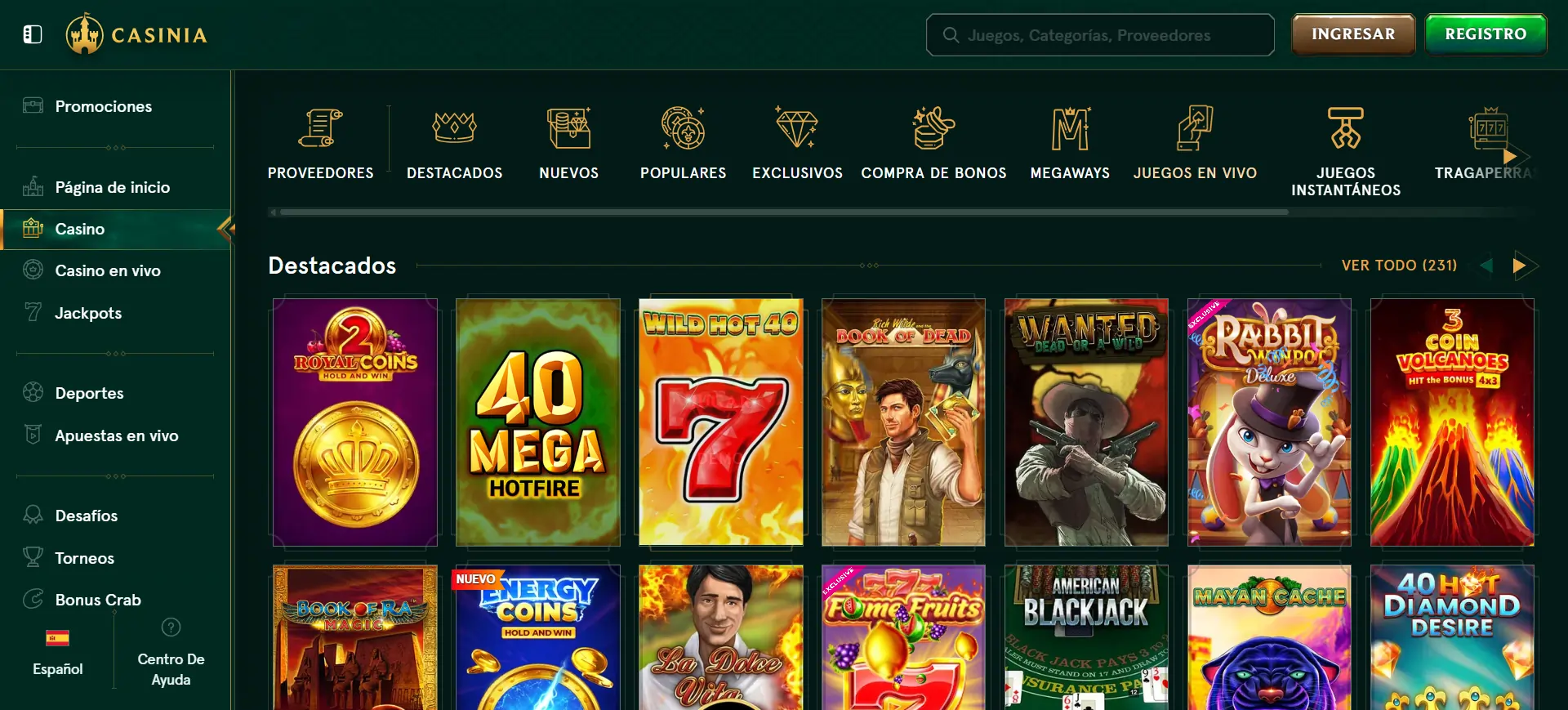 Interfaz de Casinia