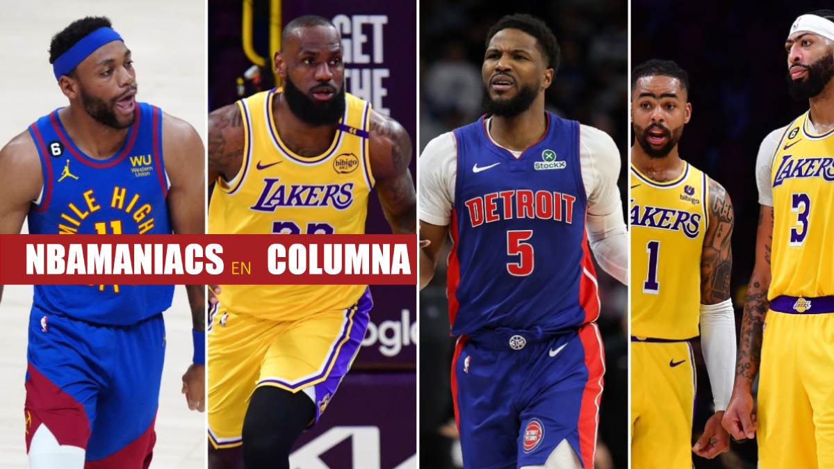 De izquierda a derecha: Bruce Brown, LeBron James, Malik Beasley, D'Angelo Russell y Anthony Davis.