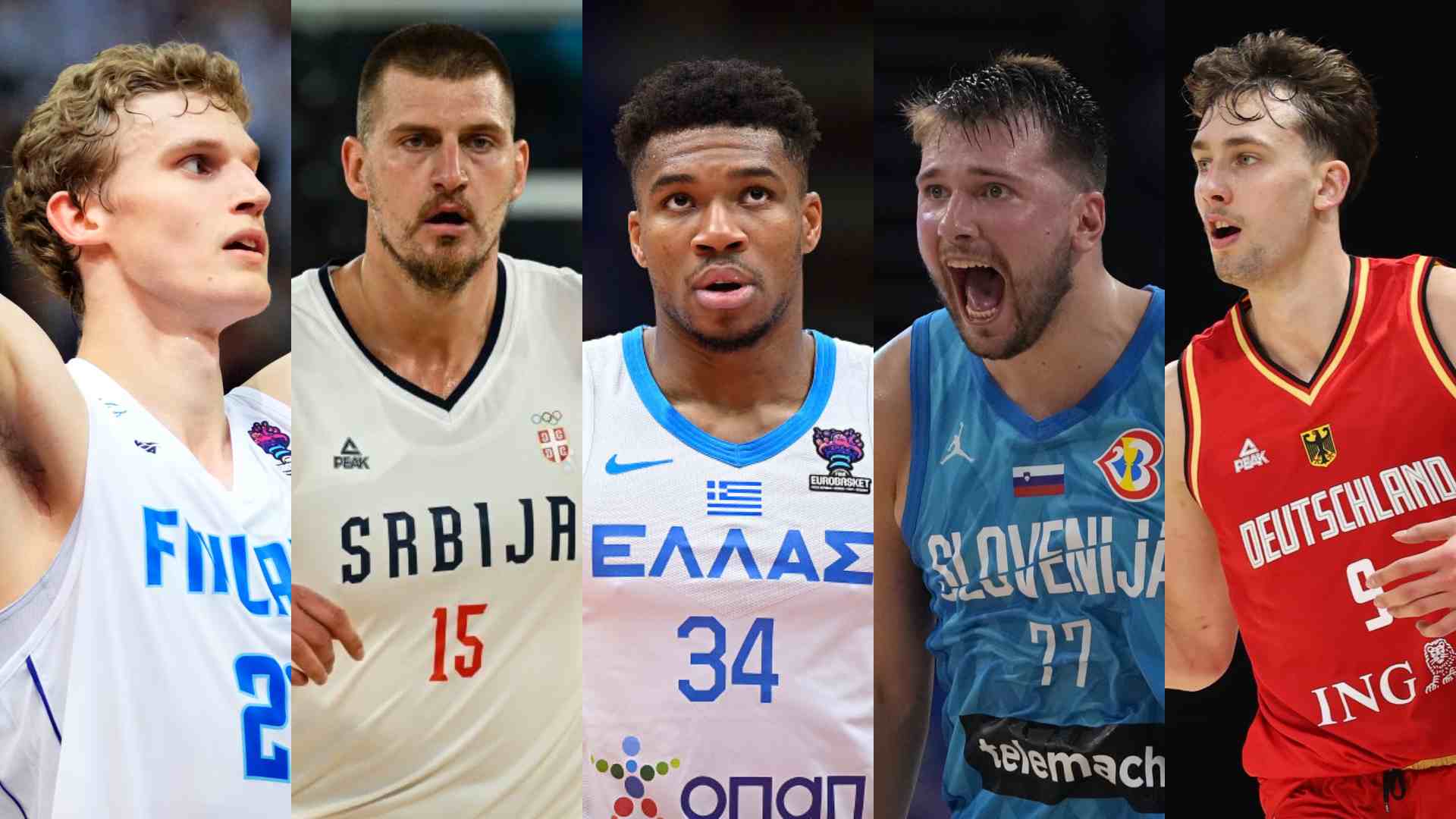 De izquierda a derecha: Lauri Markkanen, Nikola Jokic, Giannis Antetokounmpo, Luka Doncic y Franz Wagner. Cinco de las grandes estrellas del Eurobasket 2025.