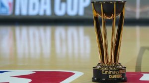 Imagen del trofeo de la Copa NBA antes de iniciarse la Final Four en Las Vegas.