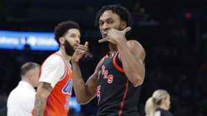 Immanuel Quickley, celebrando una acción contra los Oklahoma City Thunder.
