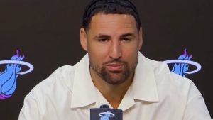 Klay Thompson, durante la rueda de prensa de su presentación como jugador de los Miami Heat.