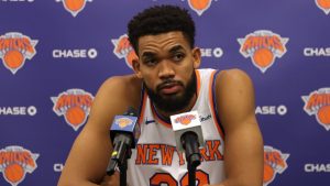 Karl-Anthony Towns, en una rueda de prensa con los Knicks.